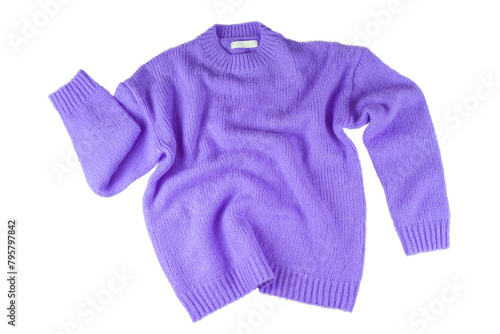 Purple flying crumpled women's autumn knitted sweater isolated on white, transparent background. Creative clothing concept, trendy cozy creasy jersey pullover. Fashion, sale, autumn discount