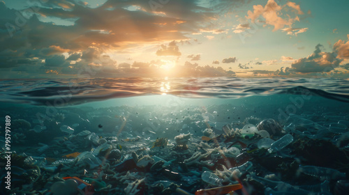 Sunset over a sea filled with plastic debris, drawing attention to environmental concerns