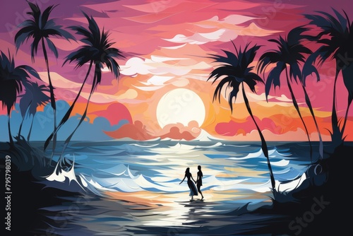 A young couple walks on the beach at sunset. The sky is a mix of orange, pink, and purple. The sun sets over the ocean, creating a serene and romantic scene. photo