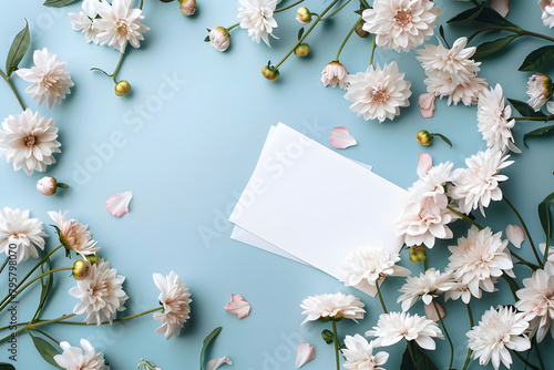 Stylish elegant flat lay blue floristic greeting invitation post card.