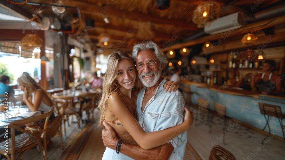 Bustling restaurant where an elderly man and a younger woman share a joyful embrace, smiling brightly in a cozy setting. Bustling restaurant where an elderly man and a younger woman share a joyful embrace, smiling brightly in a cozy setting.