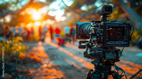 Professional film director oversees a movie shoot during the golden hour, capturing vibrant, cinematic scenes with a modern video camera setup.