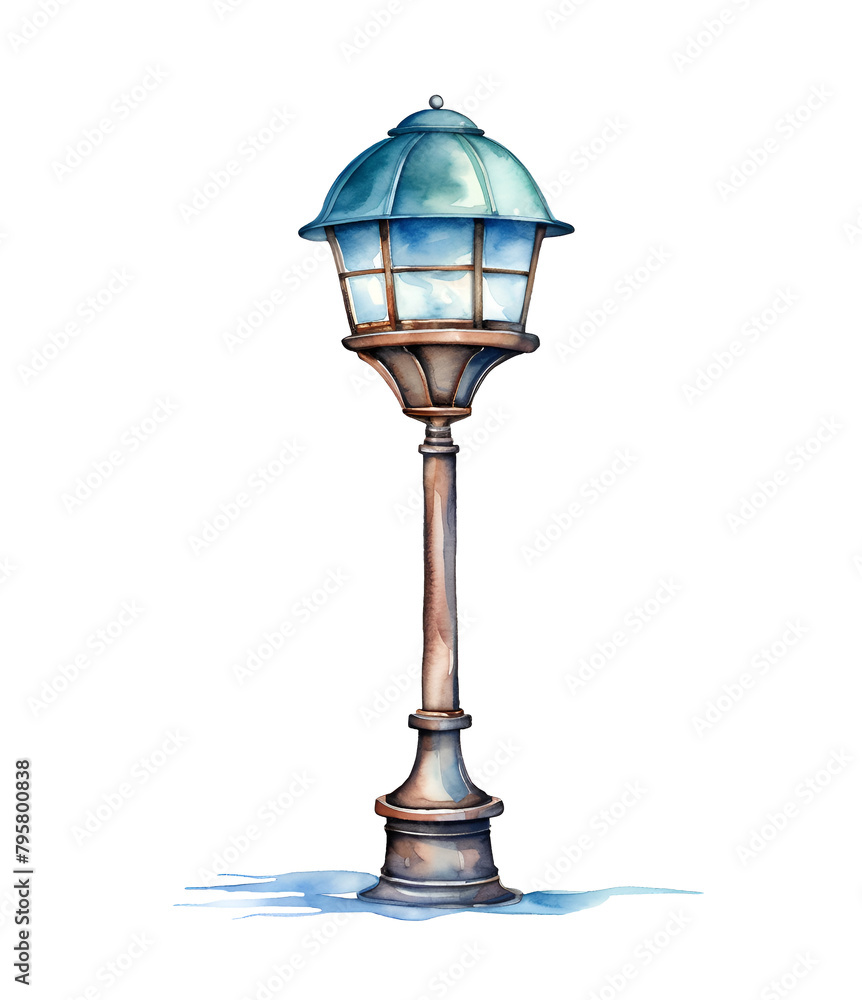 Lamp, sea, watercolor clipart illustration with isolated background.