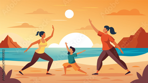 A family practicing tai chi together on a beach at sunrise their fluid movements and synchronized breathing bringing them closer together in a