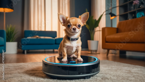 Cute dog, robot vacuum cleaner at home photo