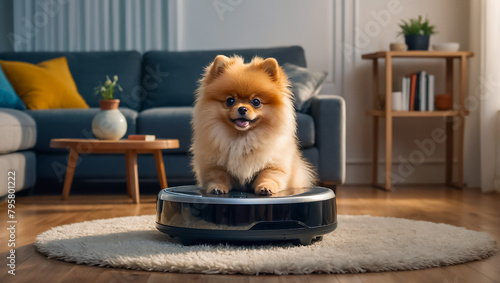 Cute playful dog, robot vacuum cleaner at home