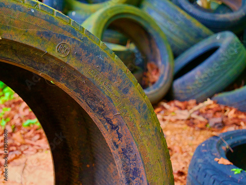 rubber tyres in a pile in the woods