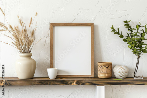 Essential aesthetics come to life: A square empty mock-up poster frame graces a wooden shelf, within a modern living room boasting white walls and carefully curated home decor pieces.  photo