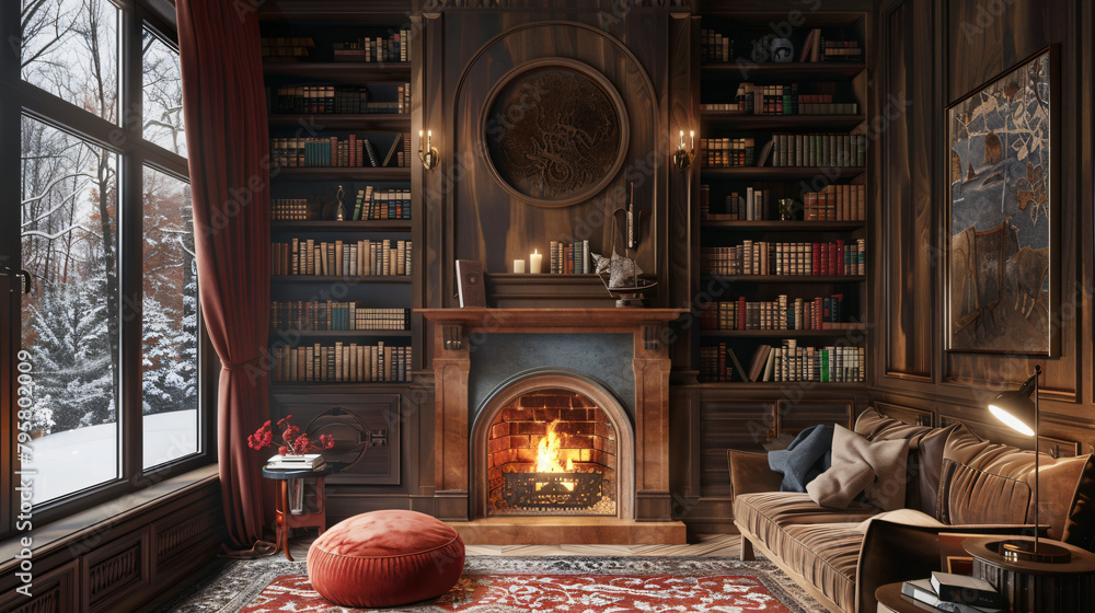 Warmth and Wisdom: Cozy Fireplace Nook with Built-in Bookshelves and Crackling Fire