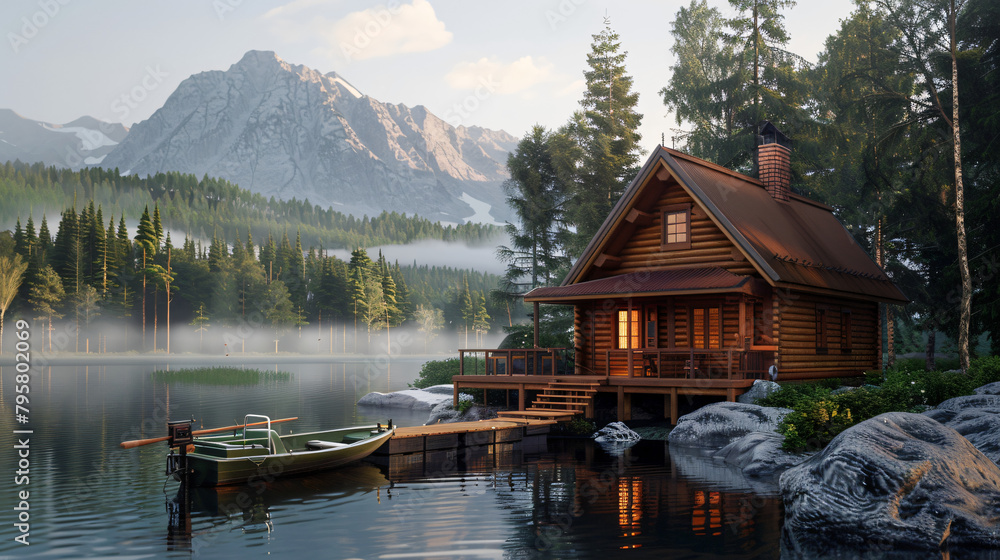 Naklejka premium Lakeside Retreat: Cozy Cabin with Private Dock and Rowboat