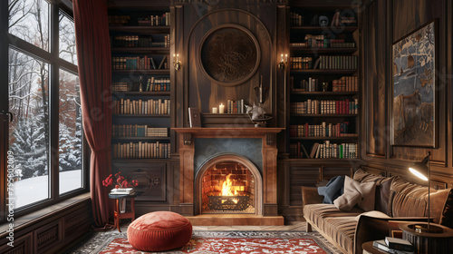 Warmth and Wisdom: Cozy Fireplace Nook with Built-in Bookshelves and Crackling Fire