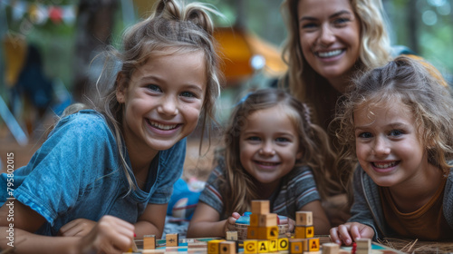 Heartwarming image of a joyful mother and her three daughters playing a board game outdoors, showing family bonding and happiness.