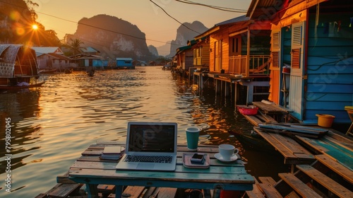 outdoor business office or workspace of a freelancer when travel at Panyeee island, phan nga, Thailand. photo