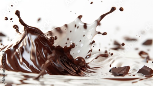 Immerse yourself in the delectable world of liquid milk and chocolate as they collide and splash against a clean white transparent backdrop