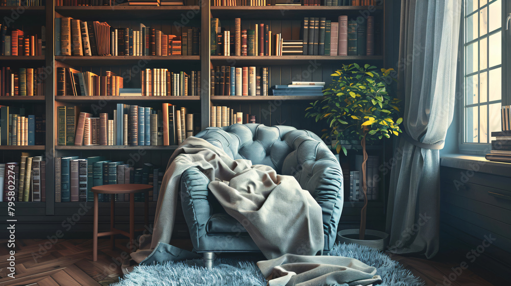Literary Haven: Cozy Reading Nook with Plush Armchair and Book-Filled Shelves