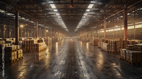 a large warehouse with pallets of goods photo