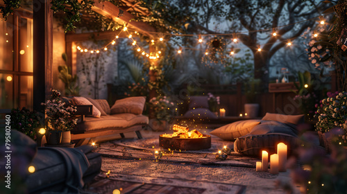 Starry Nights: Cozy Candlelit Patio with String Lights and Fire Pit