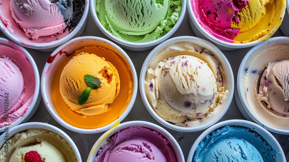 Assortment of ice cream in the store. Variety of ice cream scoops. Copy space. Sweet fruit ice cream background. Top view of sweet frozen dessert Assortment of ice cream in the store. Variety of ice cream scoops. Copy space. Sweet fruit ice cream background. Top view of sweet frozen dessert