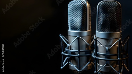 Two microphones in a dark podcast or interview room against a black background. Concept Microphone Setup, Podcast Studio, Interview Room, Dark Background, Audio Recording