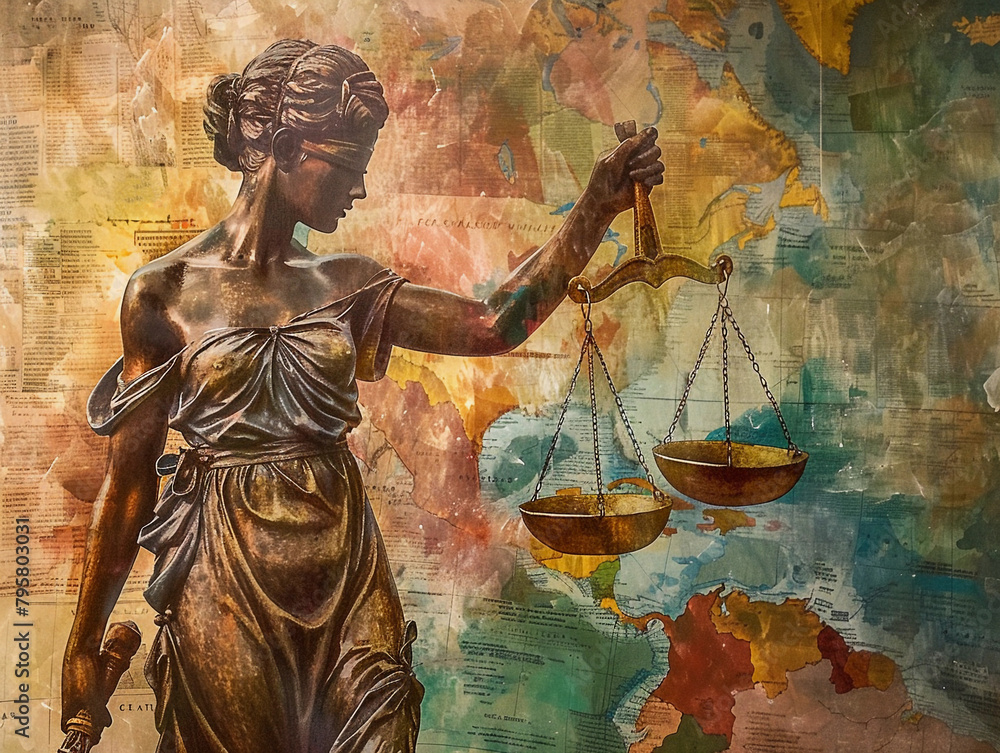 Statue of justice Justitia, goddess of justice with closed eyes the holding in hands metal scales of justice Statue of justice Justitia, goddess of justice with closed eyes the holding in hands metal scales of justice
