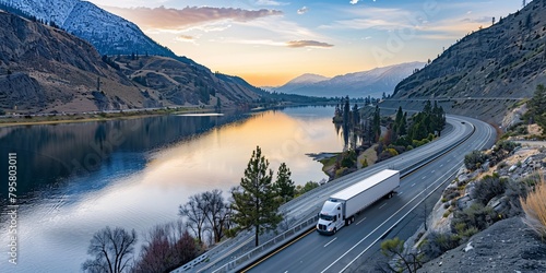 a truck on the road by a lake photo