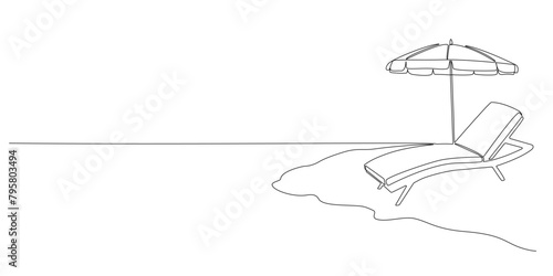 Beach umbrella and chaise lounge chair , continuous single line pattern. Concept of summer rest, vacations on the seashore. . Vector editable outline.