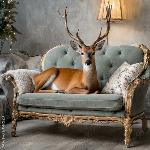 cerf sur un canapé bleu baroque dans un salon ancien en ia © Esta Webster