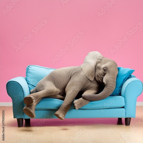 petit éléphant endormi dans un canapé bleu dans un salon rose. en ia