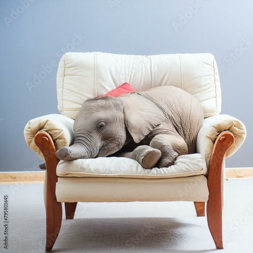 petit éléphant endormi dans un grand fauteuil en ia photo