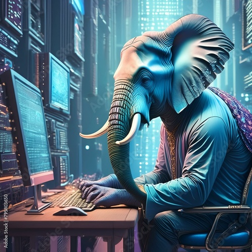 image en ia d'un éléphant anthropomorphe dans un bureau futuriste avec un ordinateur en ia photo