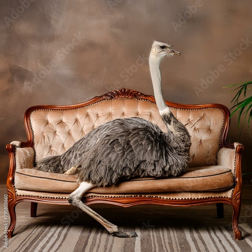 autruche posée sur un canapé de style en train de se reposer en ia photo