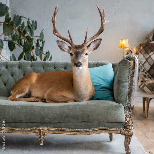 petit cerf allongé sur un canapé gris bleu dans un beau salon en ia © Esta Webster