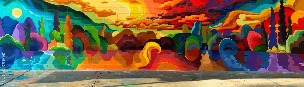 Fototapeta premium A mural of a colorful landscape with mountains, trees, and a river.