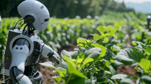 A robot examining a soybean crop