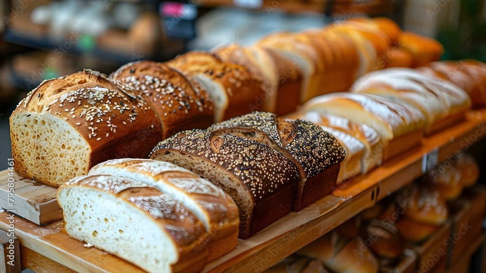 Different Varieties of Fresh Bread Showcased in Bakery and Supermarket Displays. Concept Fresh Bread, Bakery Display, Supermarket Showcase, Variety of Breads