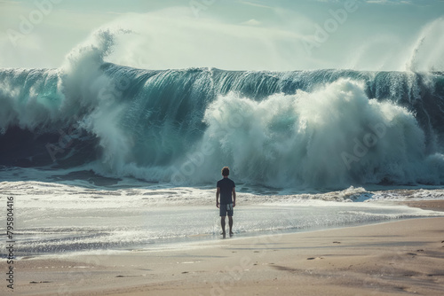Man facing a massive wave on a summer beach. Generative AI image