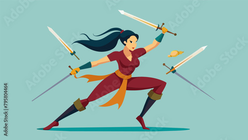 A woman performing a breathtaking weapons routine using a combination of swords staffs and daggers with precise and fluid movements.