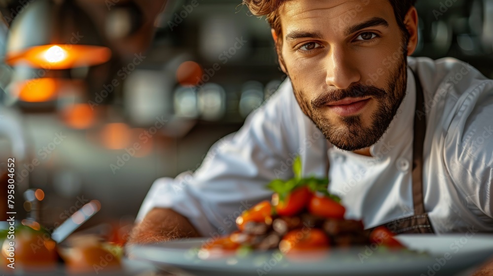 A chef is preparing a plate of food with tomatoes and herbs A chef is preparing a plate of food with tomatoes and herbs