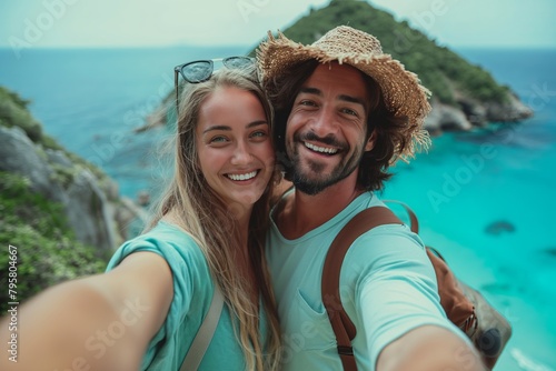 Energetic couple of travelers takes a selfie against the background of a majestic mountain and the ocean © Тамара Печеная