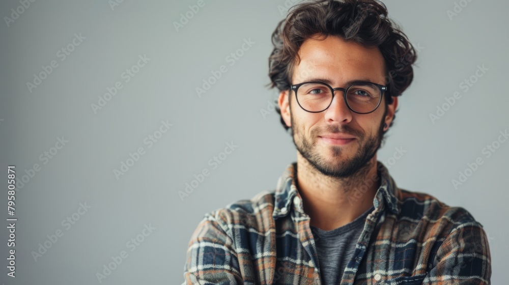Obraz premium A man with glasses and a plaid shirt is smiling for the camera