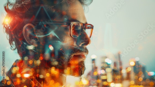 A man with glasses looking at a cityscape