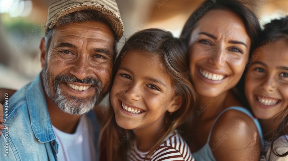 A family of four is smiling and posing for a picture A family of four is smiling and posing for a picture