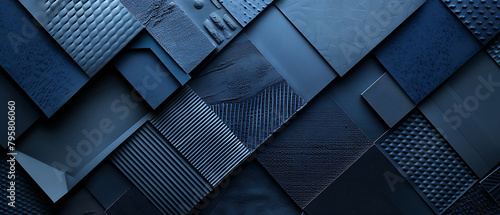 an abstract design composed of overlapping dark blue panels. Each panel exhibits a distinct texture, ranging from smooth surfaces to dotted patterns photo