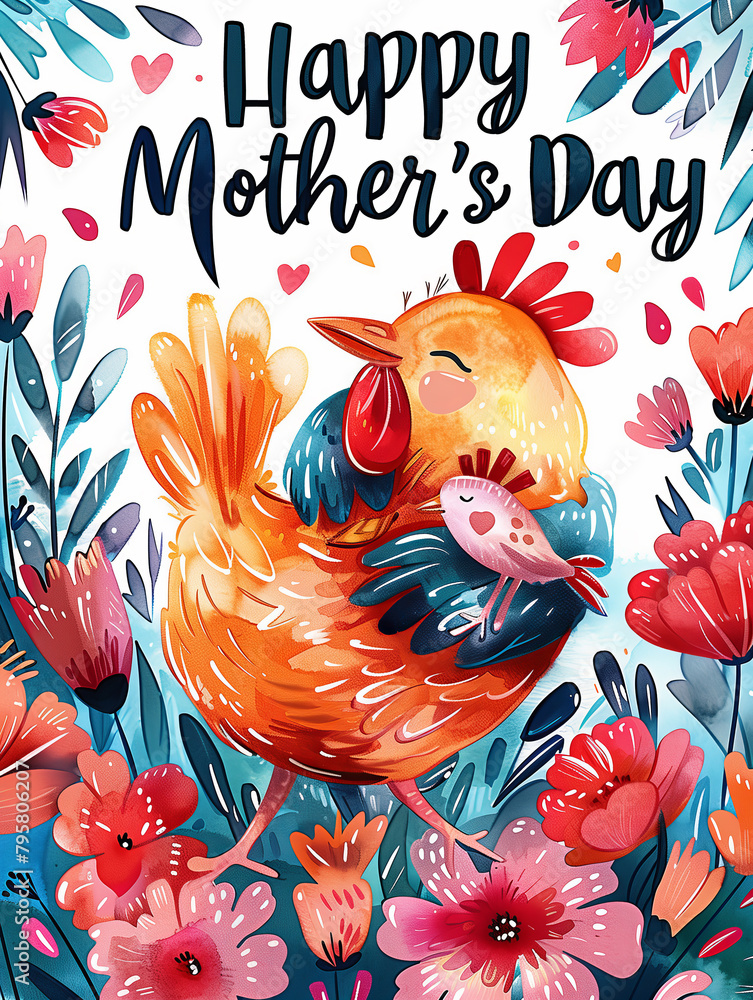 Fototapeta premium Mother's Day Card with Birds and Floral Background