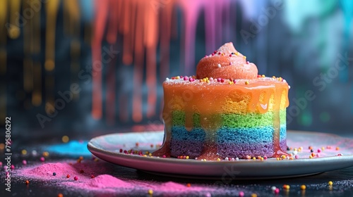 Rainbow cake on a plate with colorful sprinkles on a dark background photo