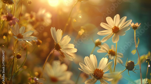 daisies in the meadow in romatic backlight photo