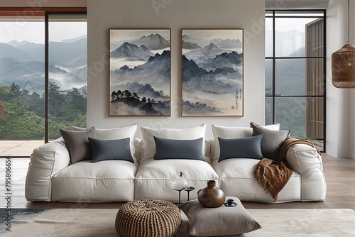 Interior design with white couch and two paintings