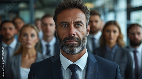 A man with a beard stands in front of a group of people wearing suits photo