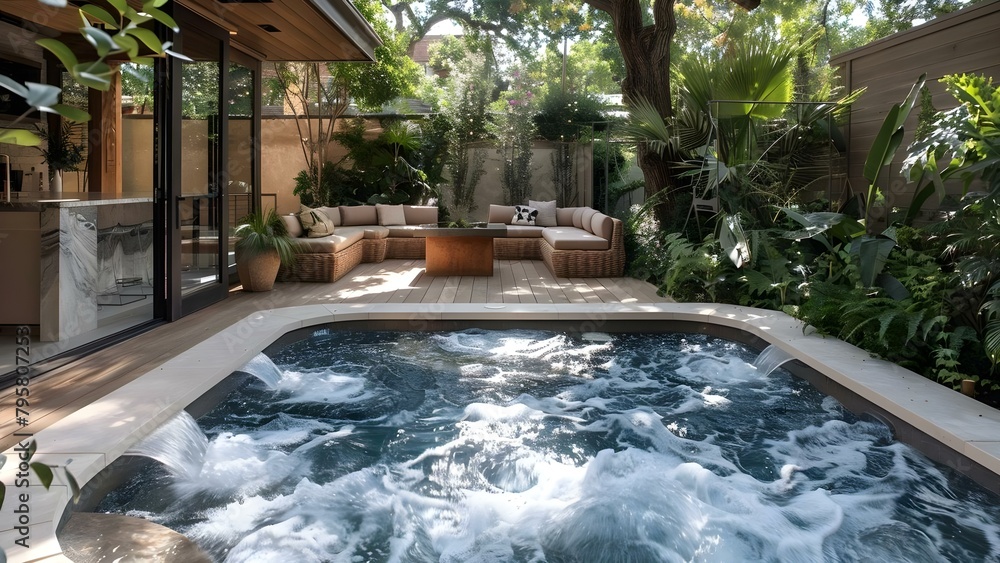 Creating a Stylish Backyard Oasis with a Plunge Pool, Lush Landscaping, and Cozy Seating. Concept Backyard Oasis, Plunge Pool, Landscaping, Cozy Seating, Stylish Décor