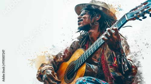 A man is playing a guitar with a hat on photo